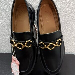 Sam & Libby Black Loafers Lug Sole with Gold Chain Accent size 8 BNWT